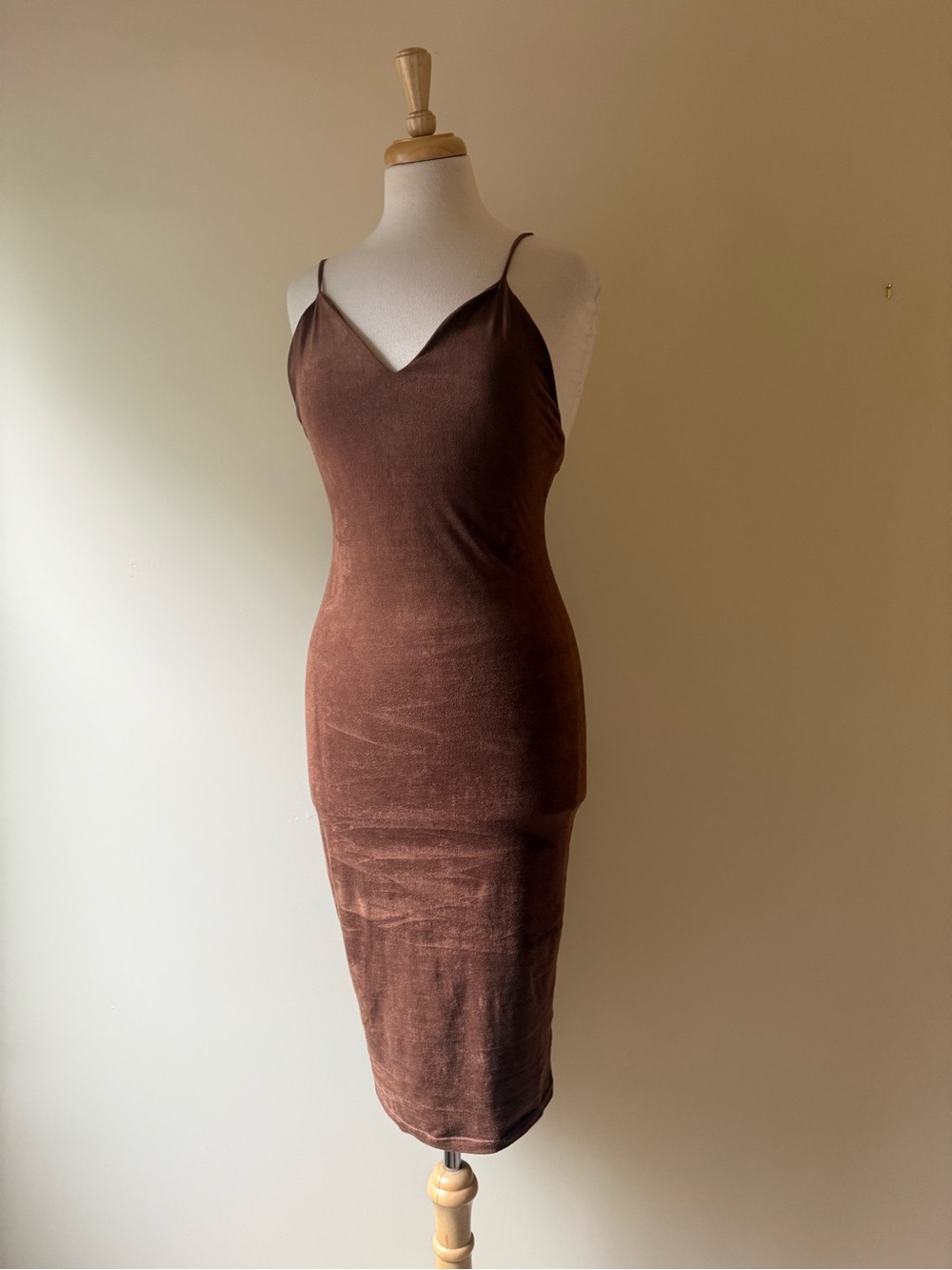 Gilbert Vintage Brown Faux Suede Low Back Midi Slip Dress Made in USA